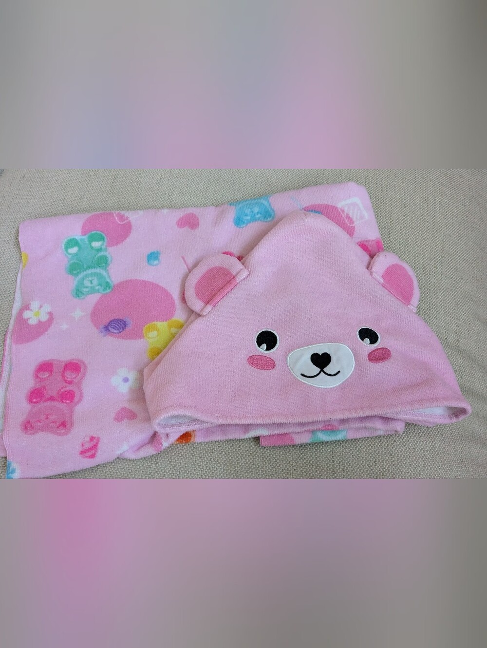 Poncho Style Pink Bear Hooded Baby Towel - Cute Animal Face